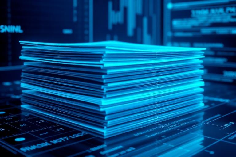 Stack of glowing documents being scanned