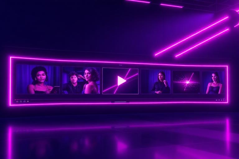 Neon video editing timeline with clips